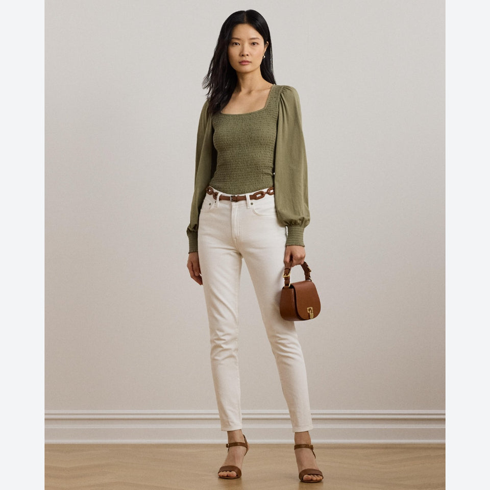 Lauren Ralph Lauren Women's Olive Green Smocked Long-Sleeve with Square Neckline Blouse