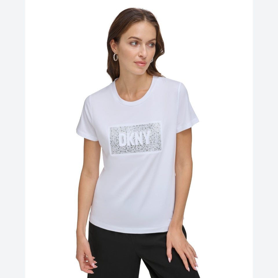 DKNY Women's White With Rhinestone Embellished Box Logo T-Shirt