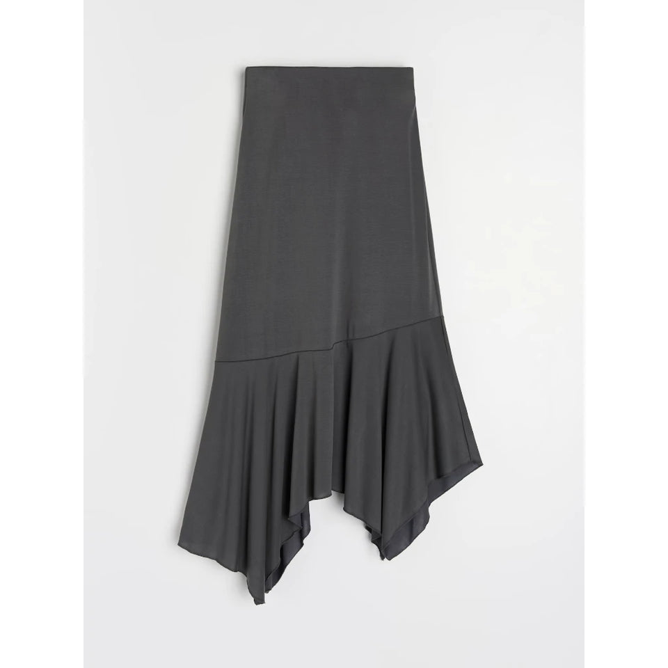 A dark gray high-waisted skirt with a flared ruffled hem, displayed flat against a light gray background.
