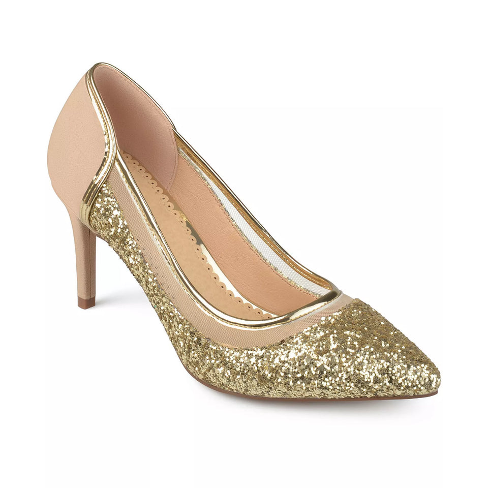 A single women's high-heeled pump shoe with a pointed toe, featuring a gold glitter finish on the toe cap and lower body, with smooth nude-beige leather on the upper and heel, set against a plain white background.