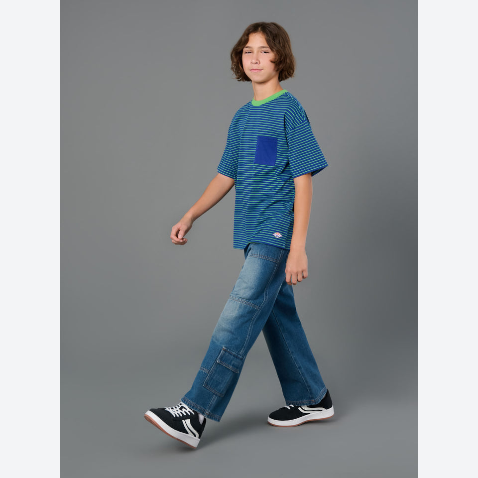 Sinsay Boy's Blue Striped With Contrast Pocket and Green Trim T-Shirt