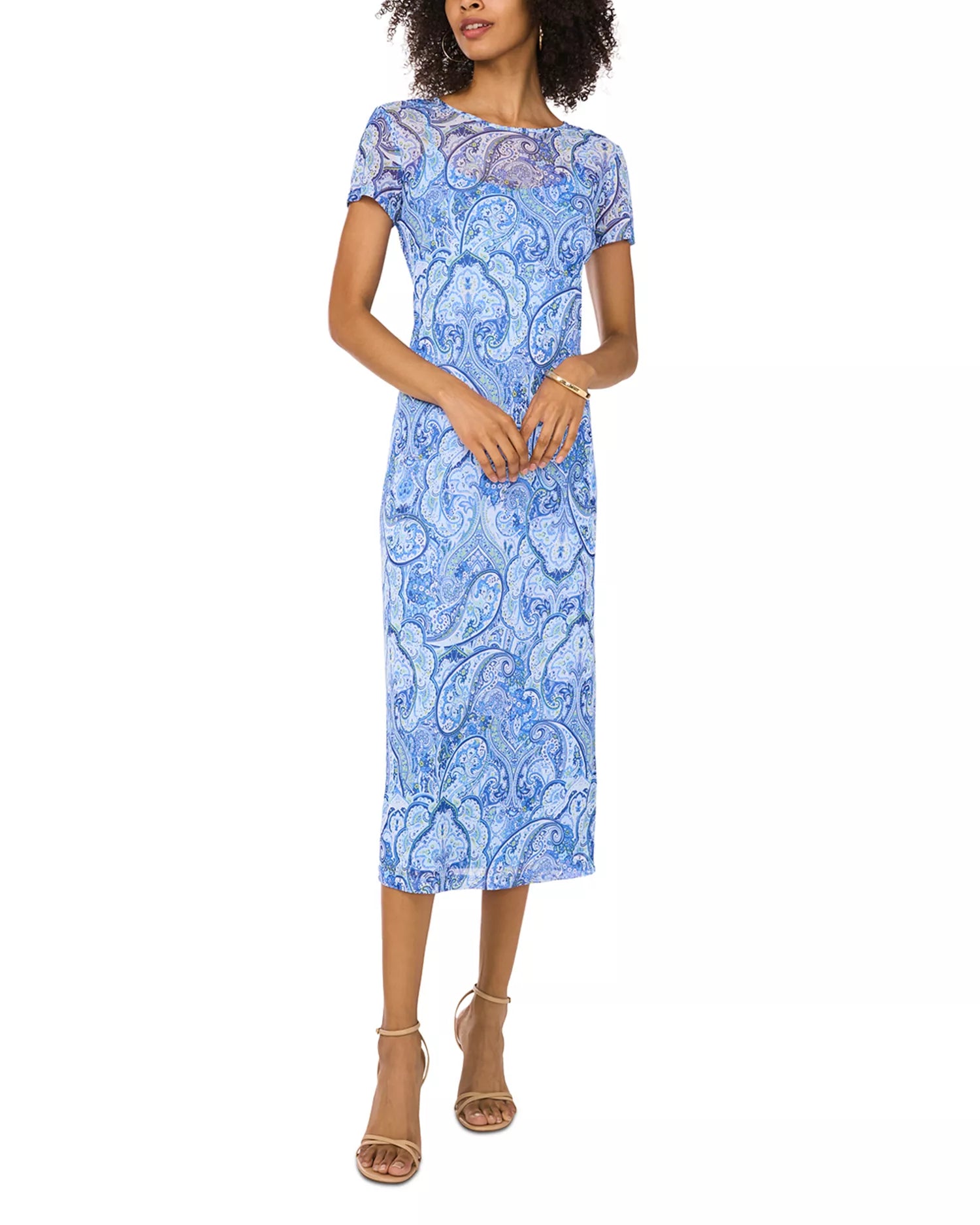 Vince Camuto Women's Canal Blue Short Sleeve Mesh Midi Transparent Dress  | Vince Camuto in Lebanon