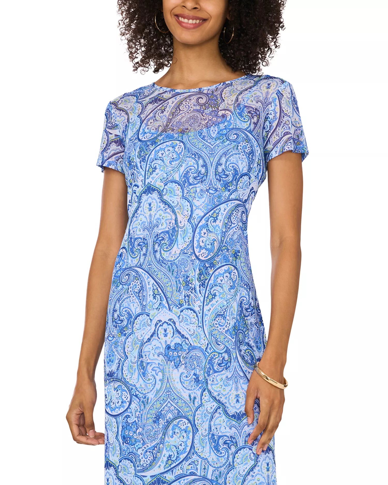 Vince Camuto Women's Canal Blue Short Sleeve Mesh Midi Transparent Dress  | Vince Camuto in Lebanon