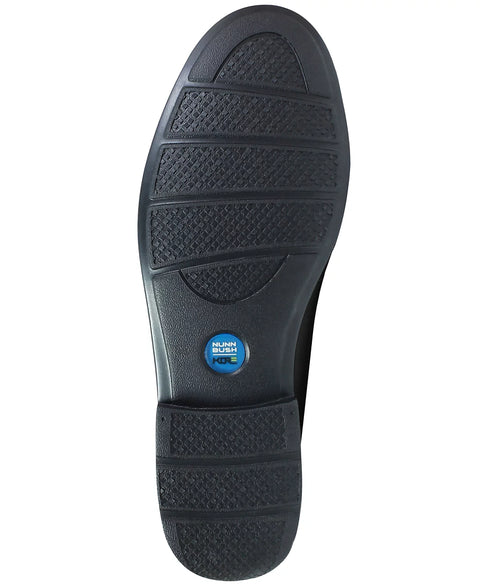 Black shoe sole with a blue logo on a white background
