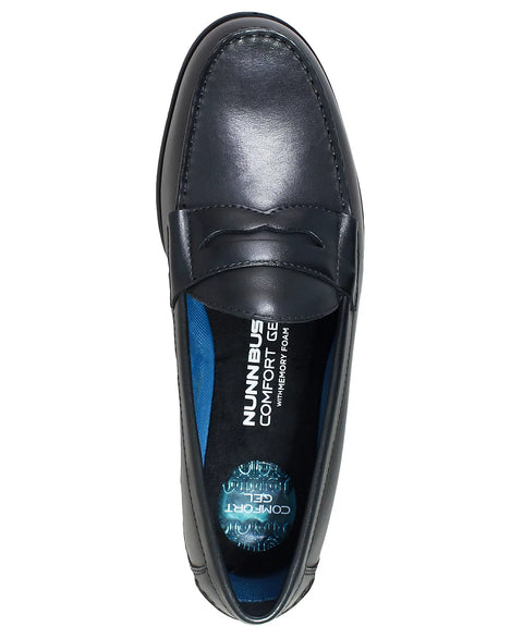 Black loafer shoe with 'Nunn Bush' branding on a white background