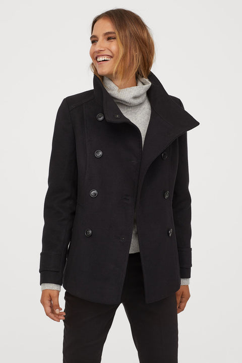 H & M Women's Black Double Breasted Funnel Collar Fitted Coat |H & M In Lebanon