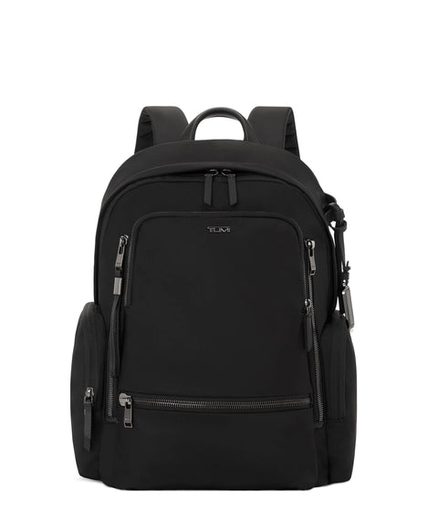 Black backpack with multiple zippers on a white background