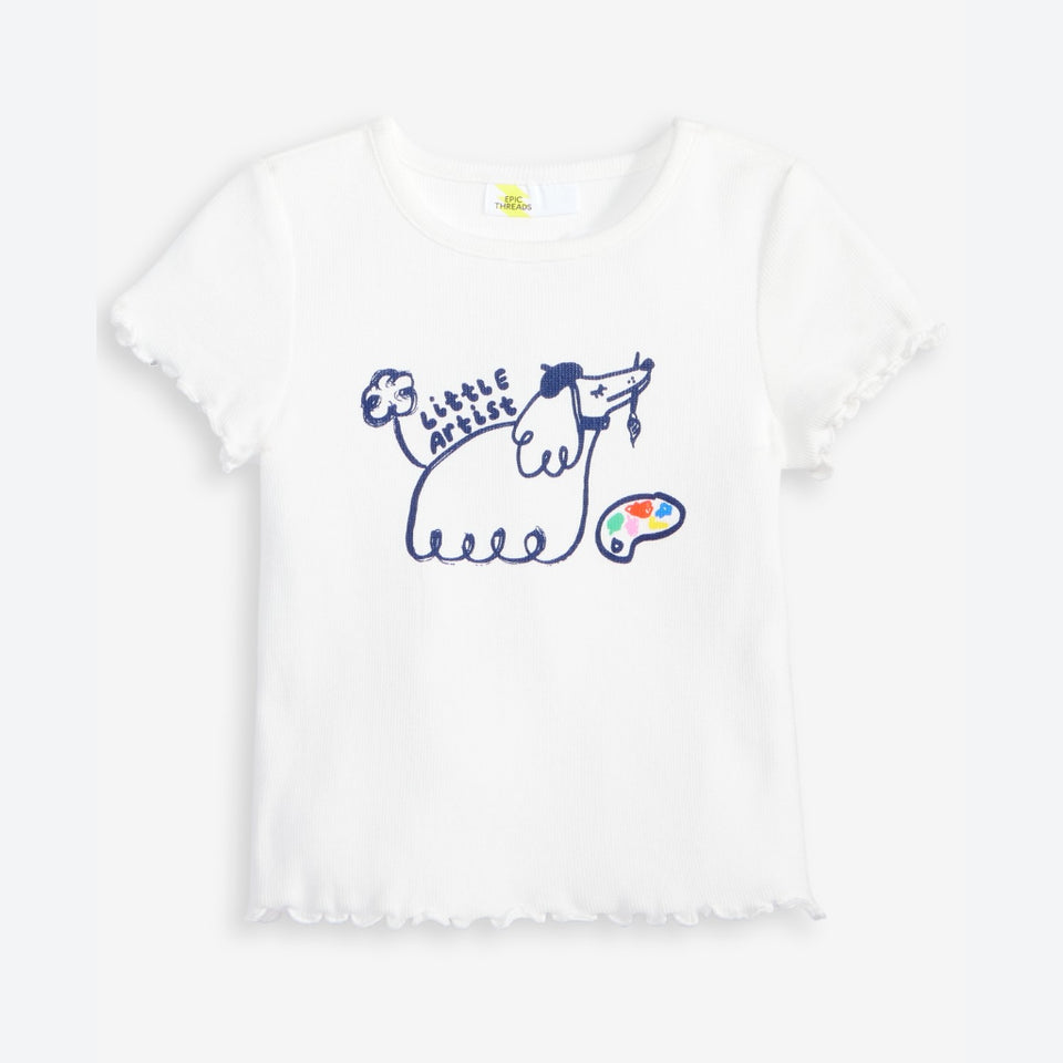 Epic Thread Girl's White Artistic Dog Ribbed Tee T-Shirt