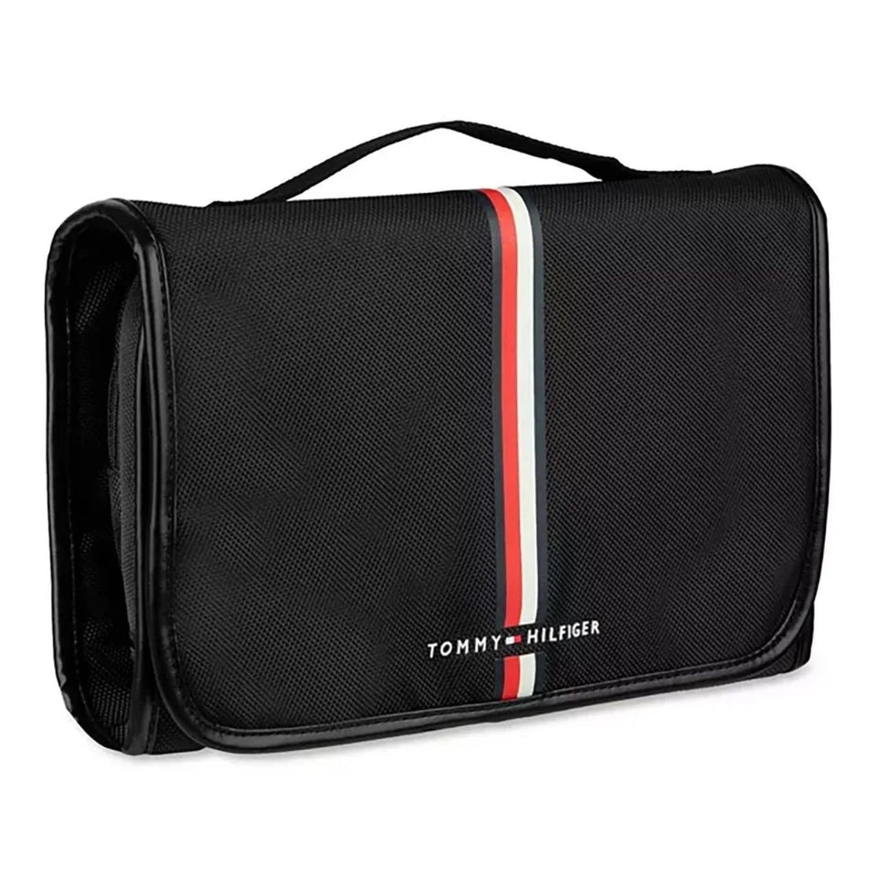 Black hanging toiletry bag with Tommy Hilfiger logo on a white background