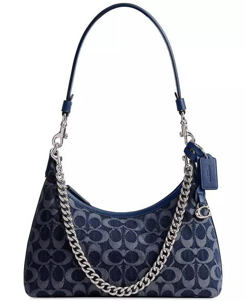 Blue handbag with chain detail on a white background