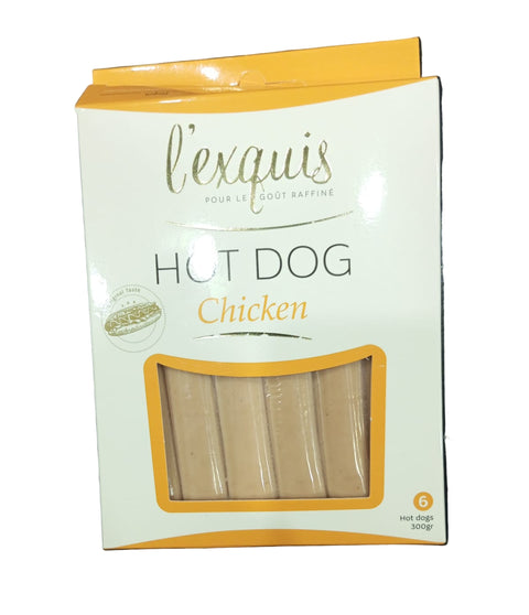 Package of 'l'Exquis' chicken hot dogs on a dark surface