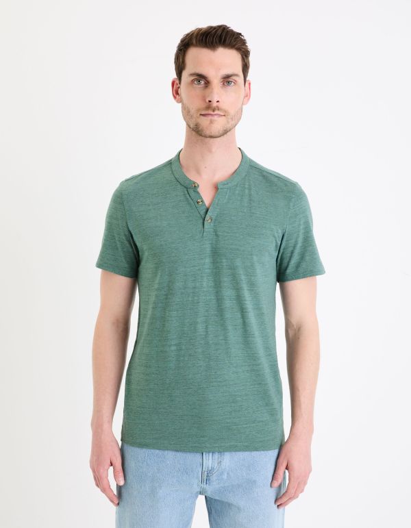 Celio Men’s Dark Aqua Henley Neck Cotton Blend T-Shirt |Celio In Lebanon
