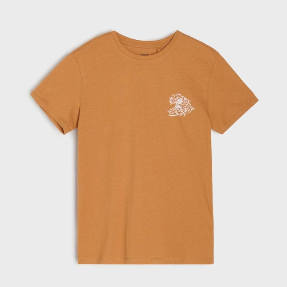 A short-sleeve crewneck t-shirt in a warm, muted orange-brown color, featuring a small white line-art graphic of a wave and figure on the left chest, displayed against a light gray background.