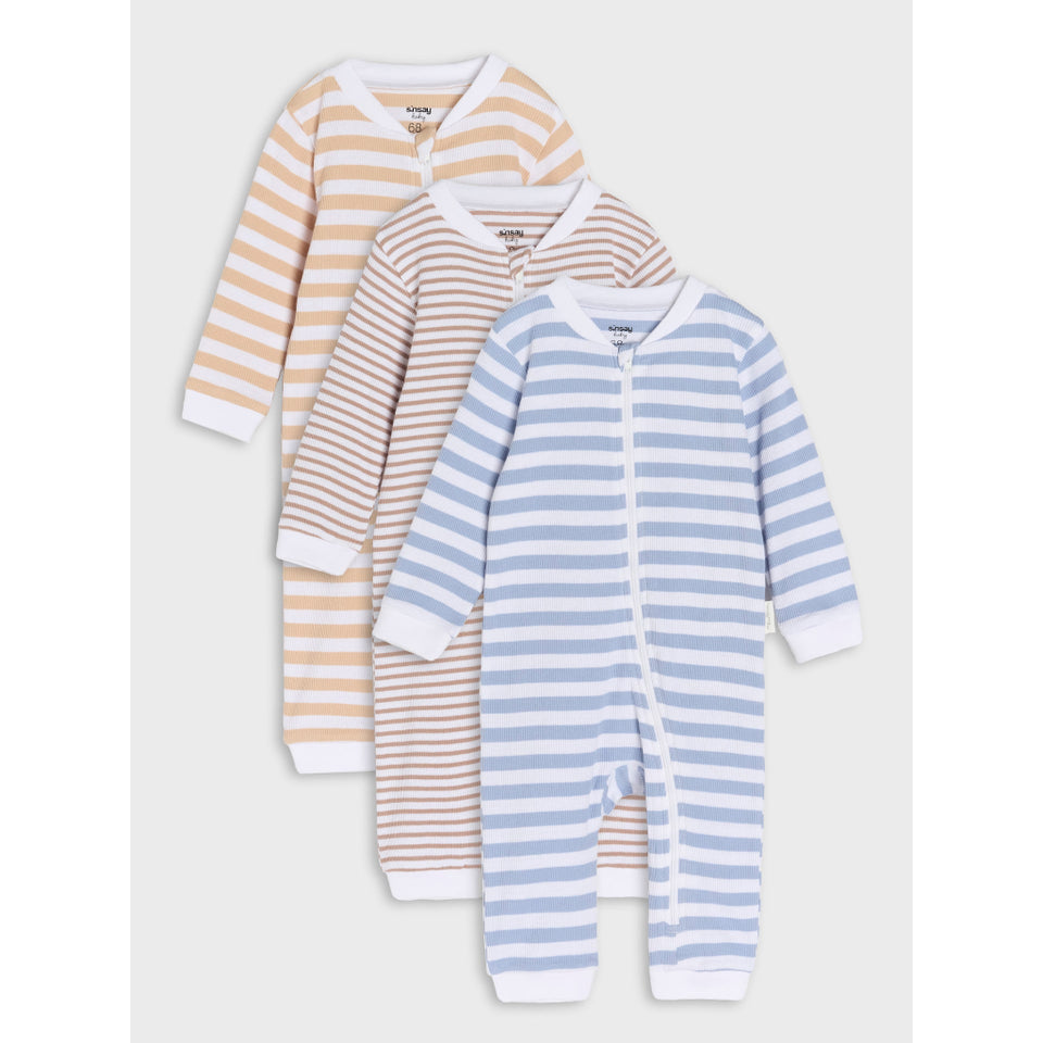 Three baby long-sleeve footless sleepers with horizontal stripes, arranged in a fan shape on a light gray background. The front sleeper is light blue and white striped, the middle is beige and white striped, and the back is peach and white striped.