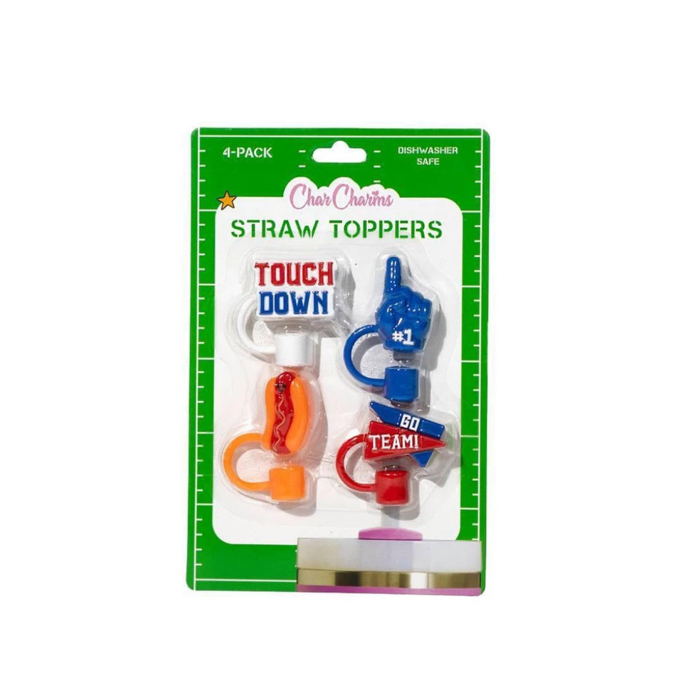 Packaged straw toppers with sports-themed designs on a white background