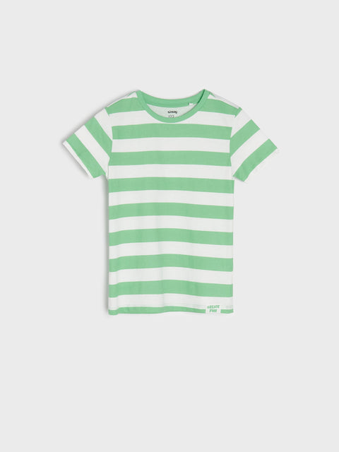 Green and white striped t-shirt on a light gray background