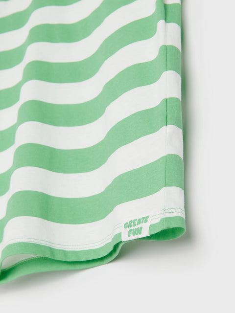 Green and white striped fabric with a brand logo on a light gray background