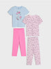 Children's pajama set with a blue top and pink pants on a white background