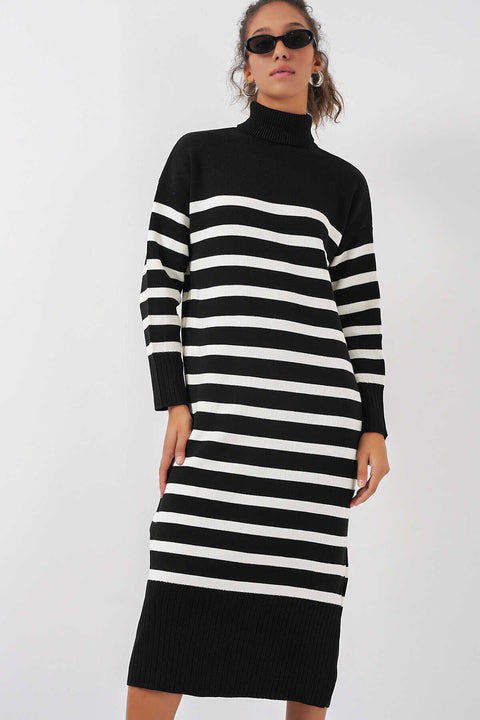 Big Dart Women's Black & White Stripped Turtle Neck Rib Knitted Dress | Big Dart In Lebanon