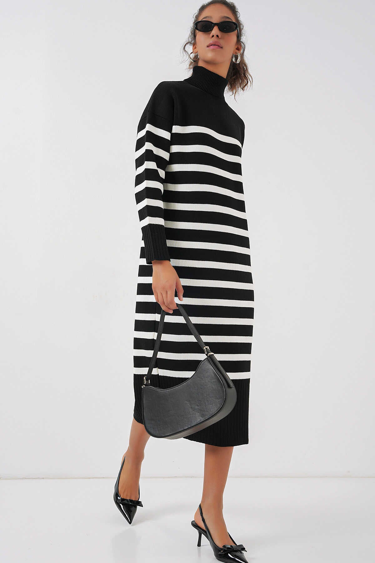 Big Dart Women's Black & White Stripped Turtle Neck Rib Knitted Dress | Big Dart In Lebanon