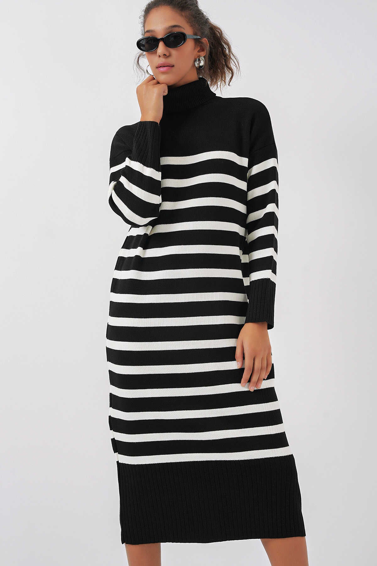 Big Dart Women's Black & White Stripped Turtle Neck Rib Knitted Dress | Big Dart In Lebanon