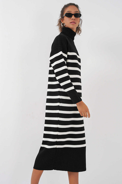Big Dart Women's Black & White Stripped Turtle Neck Rib Knitted Dress | Big Dart In Lebanon