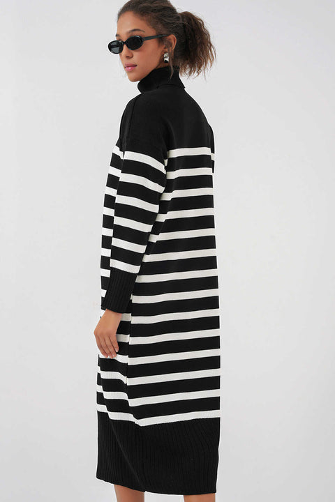 Big Dart Women's Black & White Stripped Turtle Neck Rib Knitted Dress | Big Dart In Lebanon