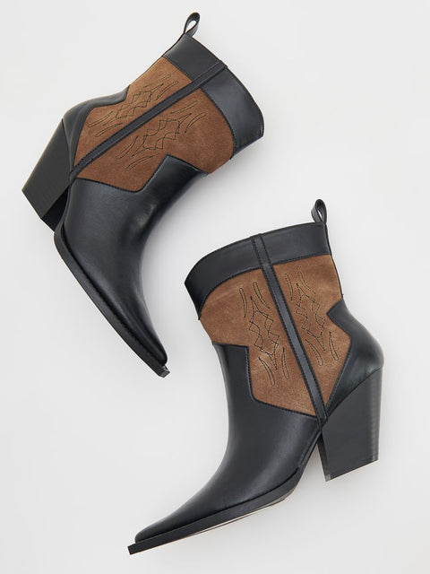 Black and brown ankle boots on a white background