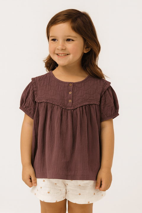 POMPdeLUX Girl's Dark Purple Becky Short Sleeve Blouse | POMPdeLUX in Lebanon