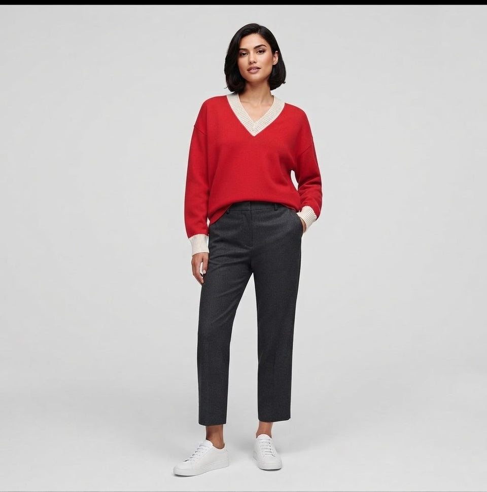Karl Lagerfeld Paris Women's Hot Pink Contrast Trim V-Neck Sweater
