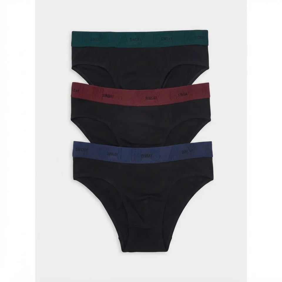 Three pairs of low-rise briefs from PULL&BEAR stacked vertically. The top pair has a dark green waistband, the middle pair has a burgundy waistband, and the bottom pair has a navy blue waistband.