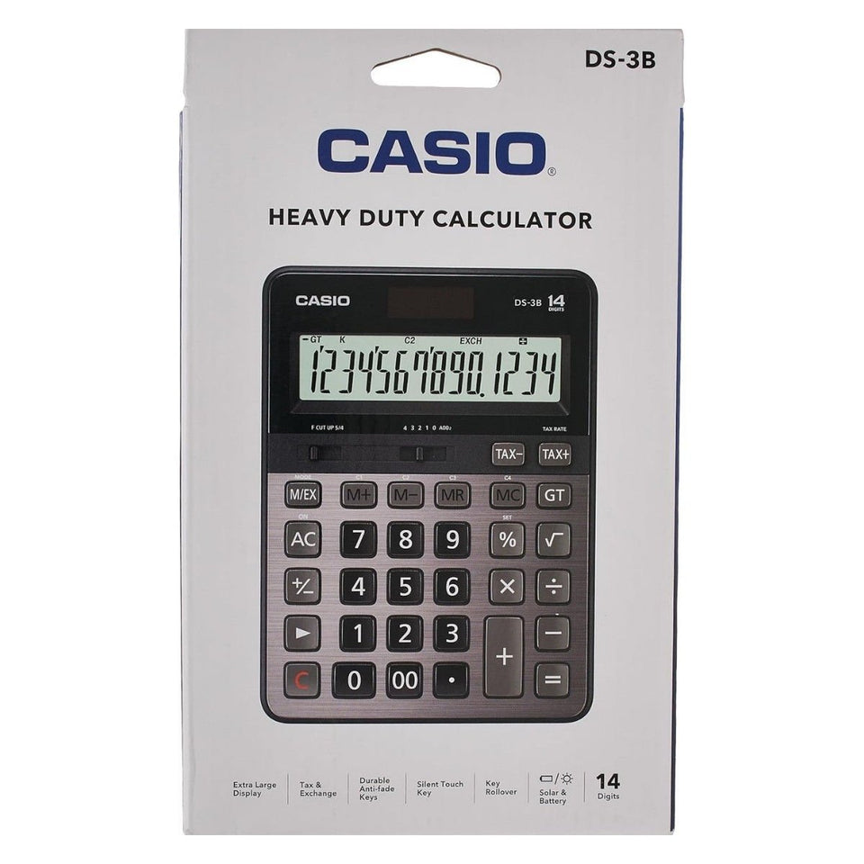 Casio heavy-duty calculator packaging on a white background