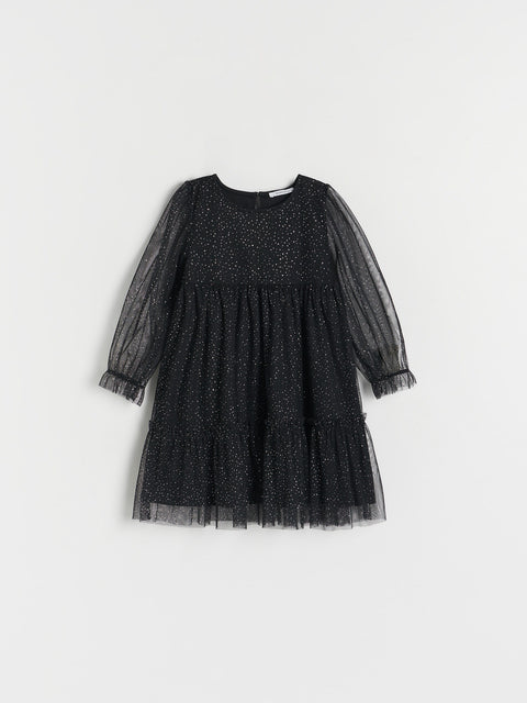Black tulle dress with long sleeves on a white background