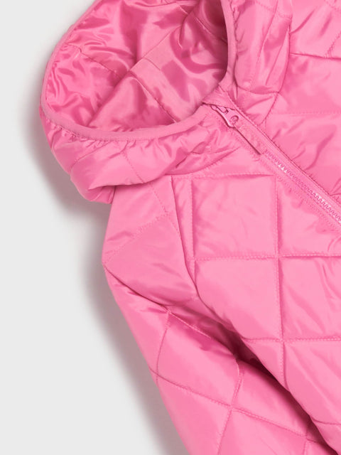 Close-up of a pink quilted jacket on a light gray background