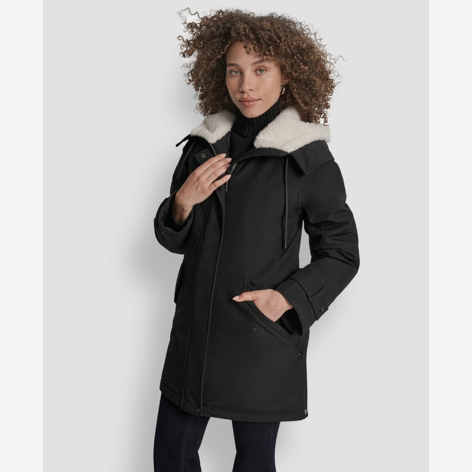 DKNY Women's Black Faux-Fur-Lined Hooded Softshell Jacket