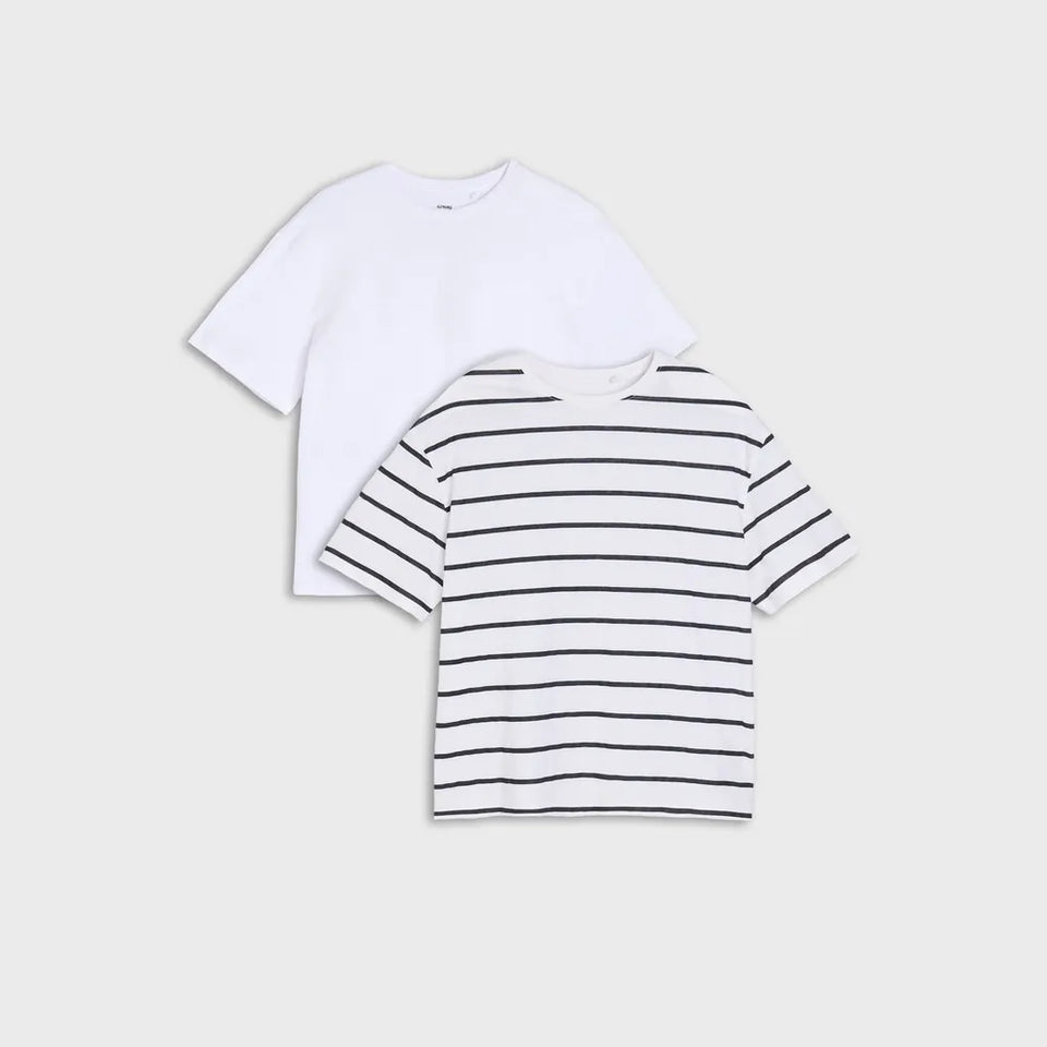 Two short-sleeve crewneck t-shirts displayed on a light gray background. The front shirt is white with thin black horizontal stripes, and the back shirt is solid white.