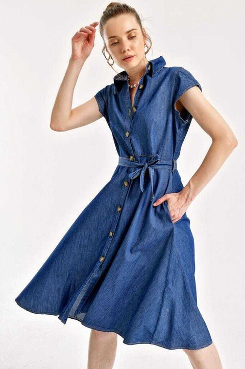 Big Dart Women's Buttoned Belted Denim Navy Blue Dress  | Big Dart In Lebanon