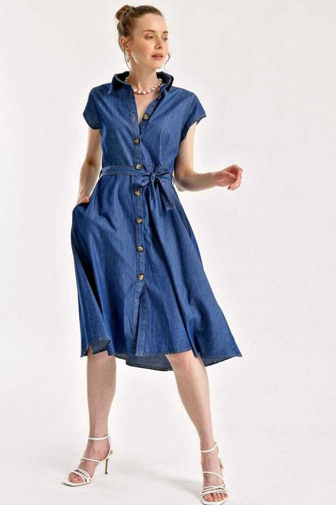 Big Dart Women's Buttoned Belted Denim Navy Blue Dress  | Big Dart In Lebanon