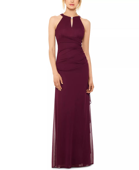 Maroon evening gown on a white background