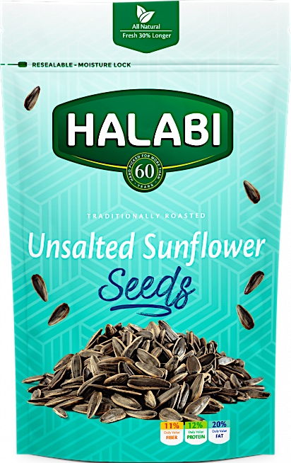 Packaging of Halabi Unsalted Sunflower Seeds 150g showing the product name, brand, and an image of the sunflower seeds.