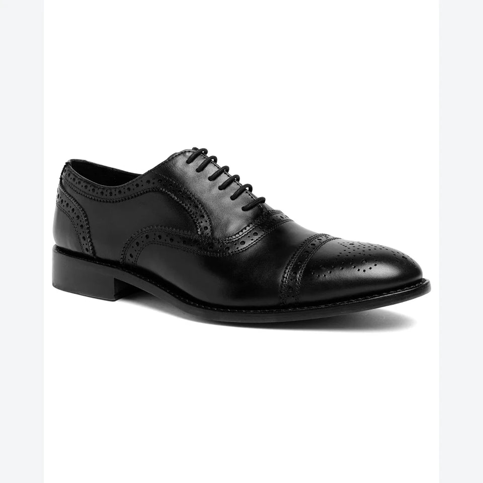 Anthony Veer Men's Black Ford Quarter Brogue Oxford Leather Sole Casual Shoes