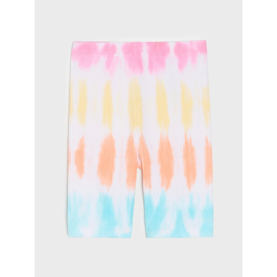 A pair of women's ribbed biker shorts featuring a pastel tie-dye pattern with vertical stripes of pink, yellow, orange, and light blue on a white base, shown flat against a light gray background.