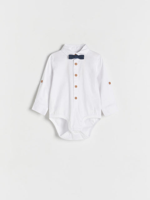 Reserved Baby Boy's White Buttoned Bodysuit With Navy Bow Tie | Reserved In Lebanon