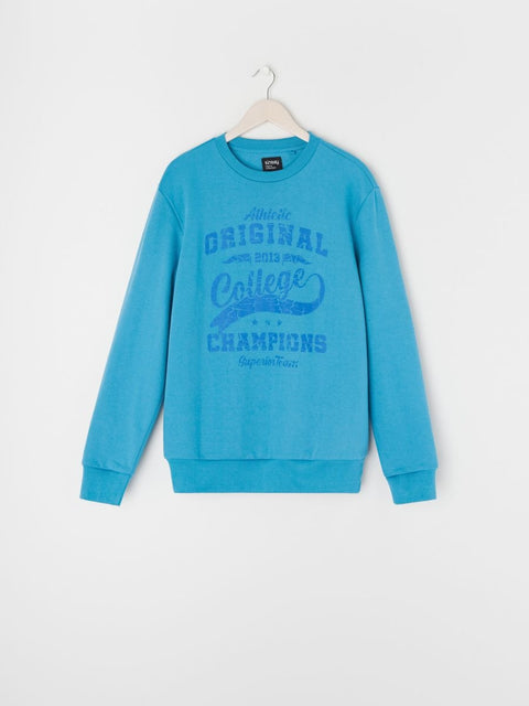 Blue sweatshirt with text on a white background