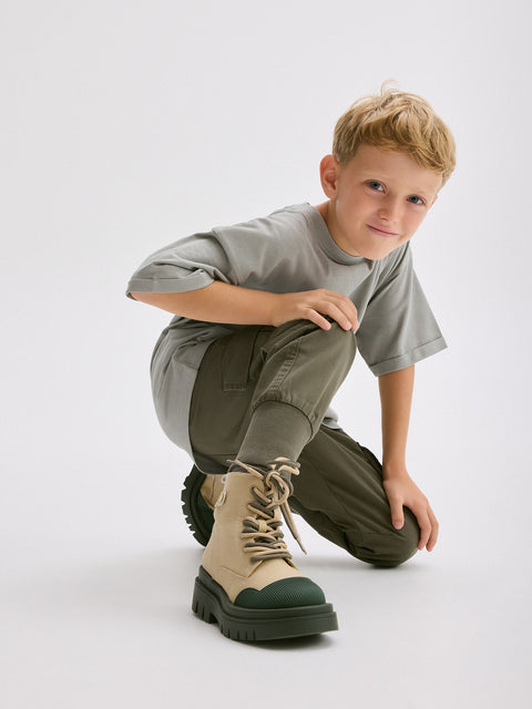 Reserved Boy's Beige & Dark Green Thick-Soled Ankle Boots | Reserved In Lebanon