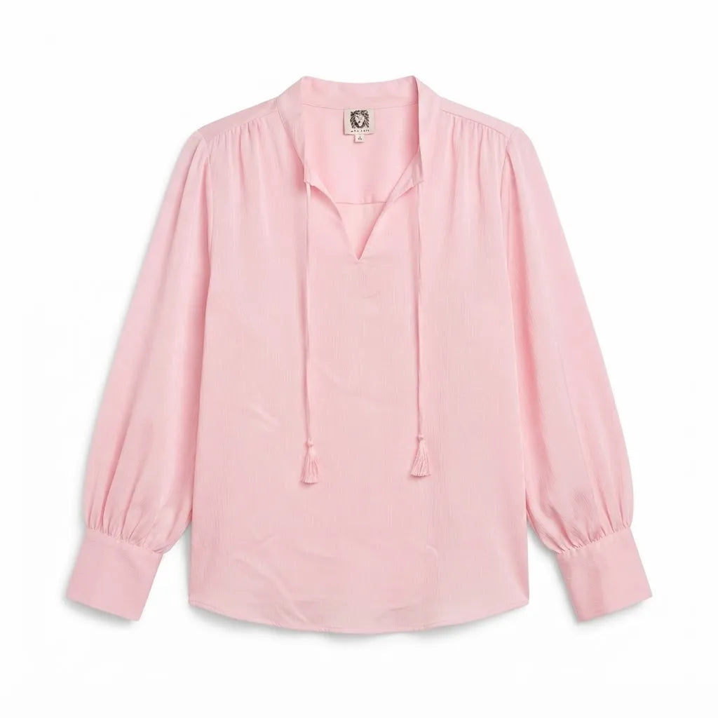 Anne Klein Women's Pink Split Neckline Drawstring Ties Long-Sleeve Blouse