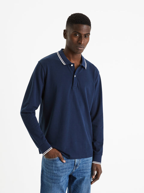 Celio Men's Navy Long-Sleeved Cotton Piqué Polo Blouse | Celio In Lebanon
