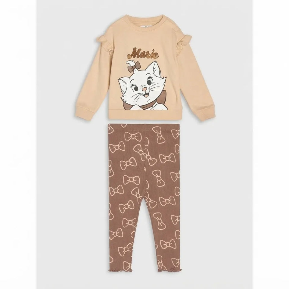 Sinsay Baby Girl's Beige Ruffled Shoulders Sweatshirt with a Brown Leggings Set