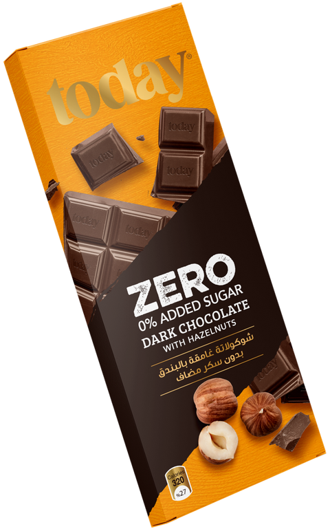 Packaging of Today Dark Chocolate with Hazelnut Sugar Free 65g, featuring a bar of dark chocolate and hazelnuts on an orange background.