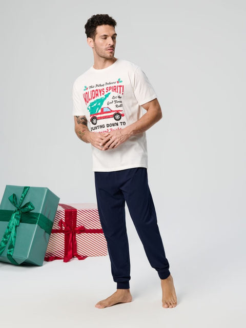 Sinsay Men's Navy & Off White Holiday Spirit Pajama Set 2pcs | Sinsay In Lebanon
